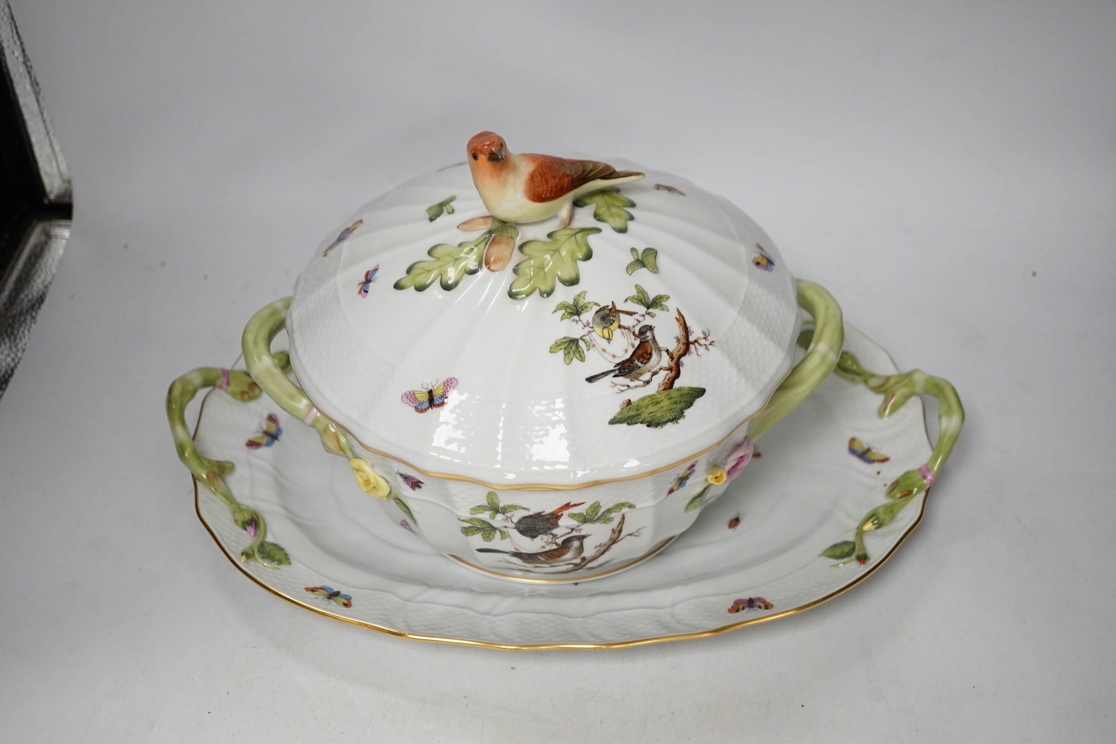 A Herend Rothschild birds pattern soup tureen cover and stand, two vegetable tureens and an oval dish